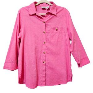 Liz Baker Blouse Shirt‎ Womens Size Medium Linen Blend Pink 3/4 Sleeve Pockets